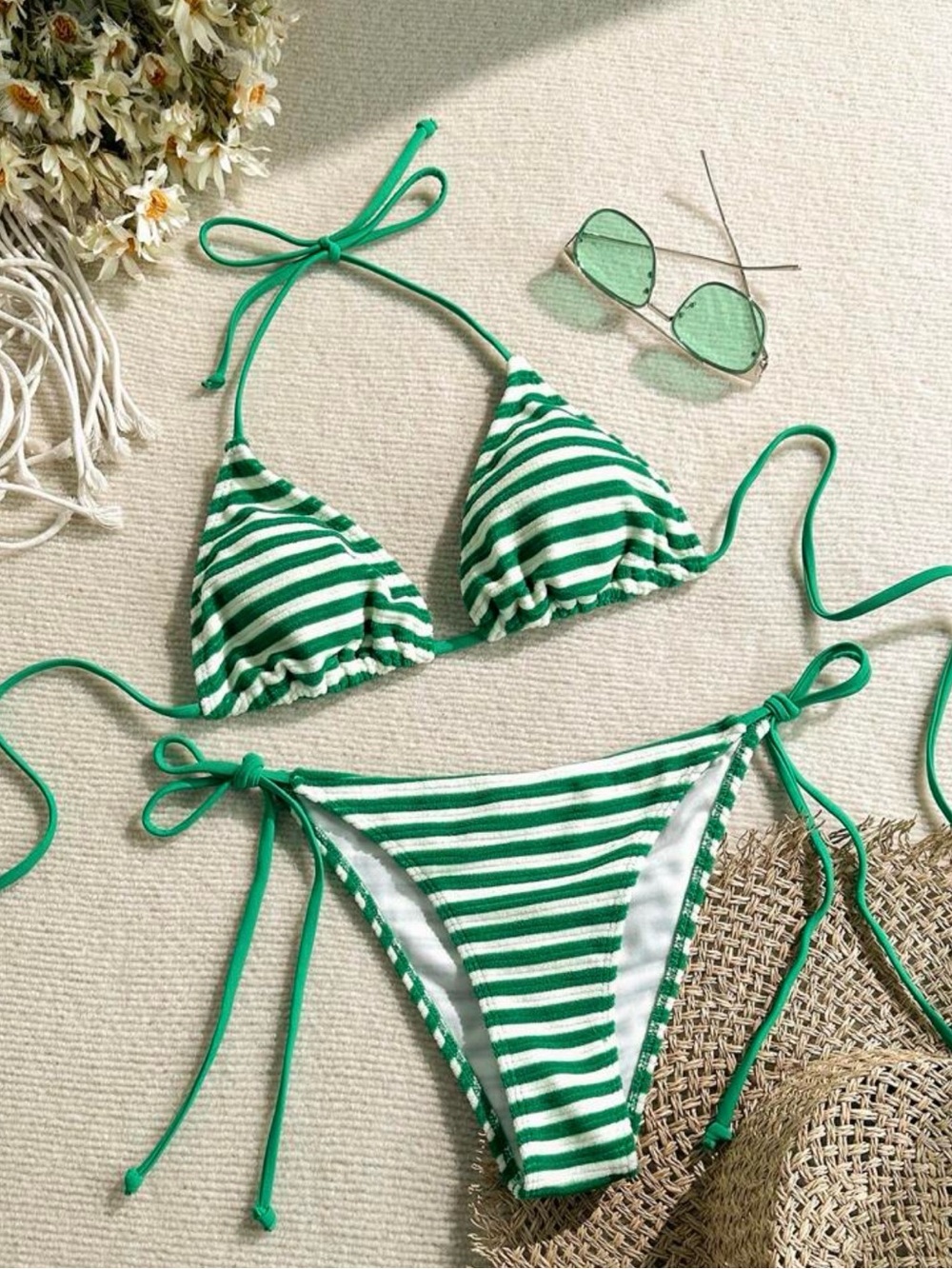 Green & White Stripe Tie Bikini Set